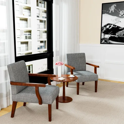 Miniatura 6 de Juego de 2 sillas decorativas, sillas tapizadas de lino con mesa redonda de madera, silla moderna para sala de estar, dormitorio y oficina (gris)