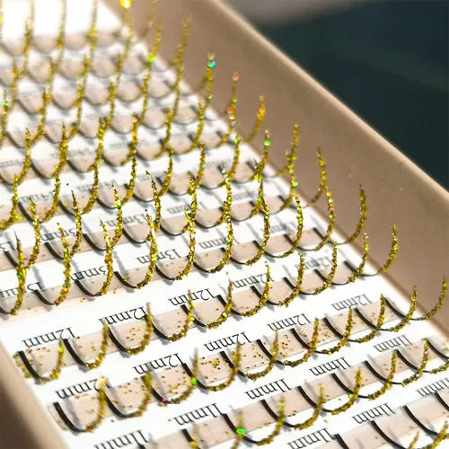 Miniatura 8 de Extensiones de pestañas con punta dorada con purpurina, rizo D 0.20 de 0.43-0.630 pulgadas de longitud mixta, 120 unidades de imitación de visón
