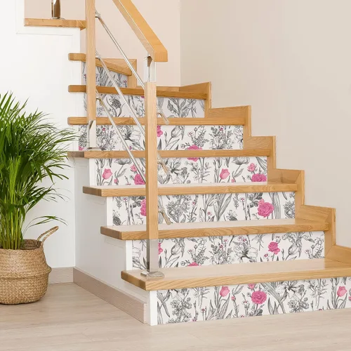 Miniatura 8 de VEELIKE Papel tapiz de dibujo floral gris para despegar y pegar, papel tapiz de flores rosas de 17.7 x 118 pulgadas, papel de pared botánico vintage