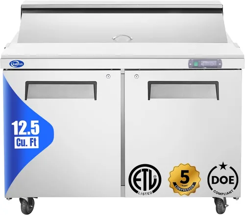 Miniatura 9 de Refrigerador comercial de 3 puertas de 72 pulgadas de ancho, mesa de preparación de ensaladas, refrigerador de acero inoxidable con tabla de cortar