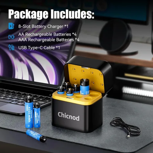 Miniatura 4 de Baterías de litio AA recargables con cargador USB-C rápido, paquete de 8 unidades de 4255 mWh 1.5V de voltaje constante para cámara Blink al aire