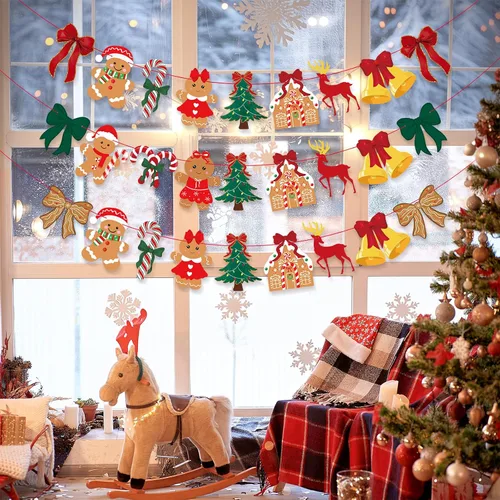 Miniatura 6 de 3 unidades de pancarta de Navidad con lazo vintage, lazos verdes y rojos, árbol de Navidad, árbol de Navidad, hombre de jengibre, guirnalda