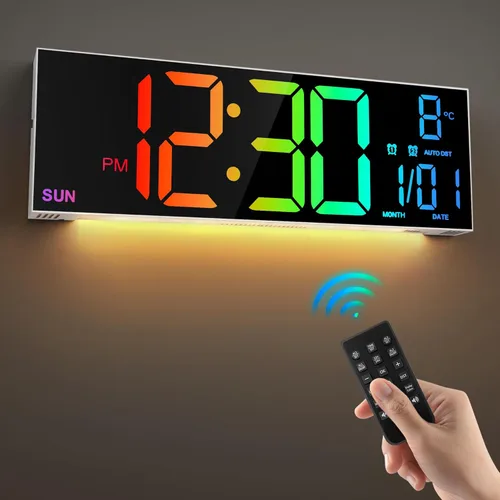 LEIKE Reloj de pared digital grande de 16.2 pulgadas con control remoto, LED grande, alarma dual, 8 colores RGB, brillo automático, fecha, DST