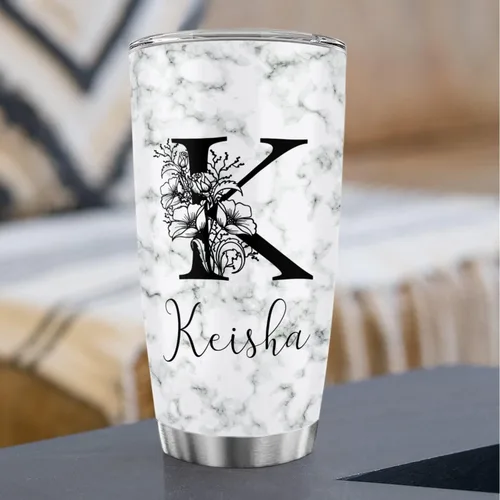 Miniatura 3 de Vaso de café de acero inoxidable personalizado con inicial y nombre, taza de café con monograma floral para niña, vaso de viaje de acero inoxidable