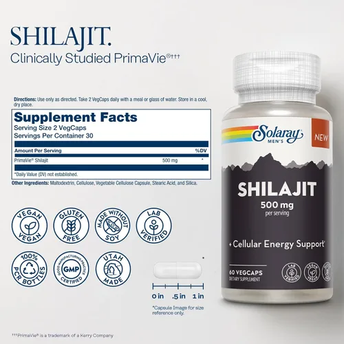 Miniatura 2 de SOLARAY Shilajit 500 mg, PrimaVie (R) Himalayan Shilajit para hombres, apoyo de energía celular adaptogénica, suplemento de salud masculina, vegano