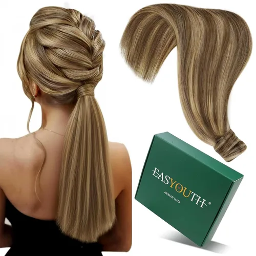 Easyouth Extensión de cola de caballo de cabello humano marrón ombré, extensión de colas de caballo, extensiones de cola de caballo de color marrón