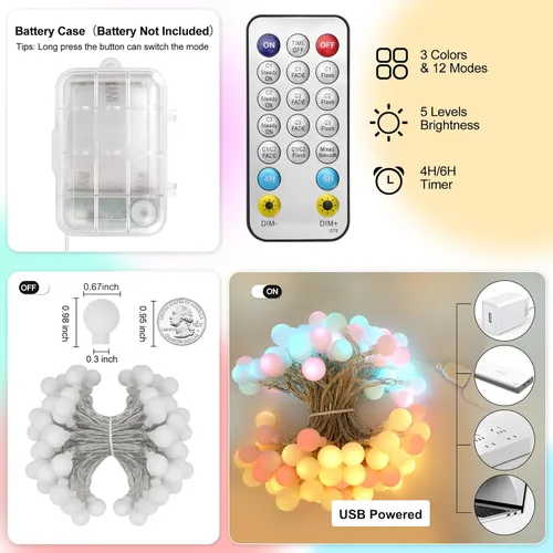 Miniatura 7 de OMIKA Cadena de luces de 100 LED de 33 pies, cambio de color, alimentadas por batería, impermeables, luces de hadas blancas cálidas y multicolor