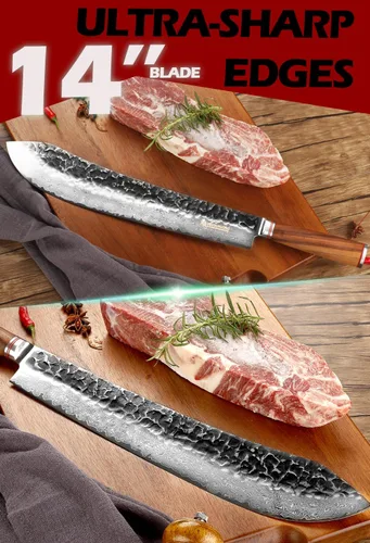 Miniatura 5 de YOUSUNLONG Cuchillo para romper nariz de toro de 14 pulgadas (14.016 in) de longitud extra súper japonés martillado acero Damasco mango de madera