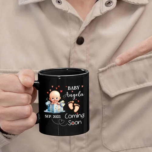Miniatura 6 de Baby Coming Soon - Taza de café negra de 11 onzas y 15 onzas, taza de café personalizada para papá con nombre, taza de café de cerámica con anuncio