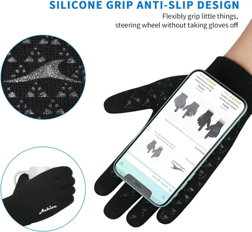Miniatura 2 de Achiou - Guantes de invierno, guantes para hombres y mujeres, guantes de correr cálidos para pantalla táctil mejorados con forro térmico de punto