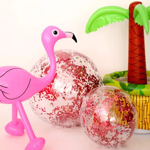 Miniatura 4 de Hsei 3 unidades de bola de playa inflable de 16 pulgadas con purpurina, bolas de discoteca de piscina de verano con confeti, flotables, juguetes Oro