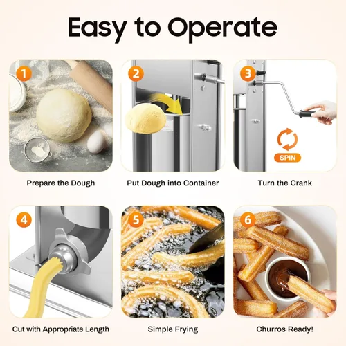 Miniatura 5 de Máquina para hacer churros comerciales de acero inoxidable de 5 L, máquina para hacer churros españoles + 6 boquillas de diferentes formas, máquina
