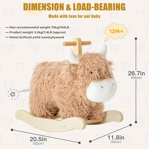 Miniatura 3 de Caballo mecedora bebé para 1 año de edad, caballo de madera de vaca/yak con balanceo con caña y peluche de madera, juguete de montar para niñas