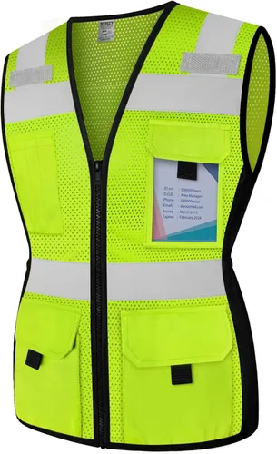 TCCFCCT Chaleco de Seguridad para Mujeres 11 Bolsillos Chaleco Reflectante de Malla con Cremallera, Chaleco de Trabajo de Construcción de Neón de