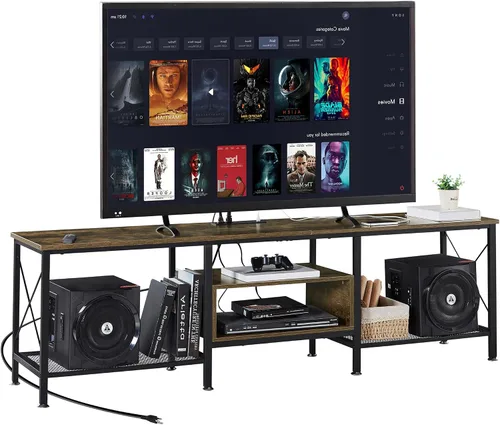 Miniatura 8 de VECELO Soporte de TV con tomas de corriente para centro de entretenimiento Industria Media de 65 pulgadas con estación de carga, estantes abiertos