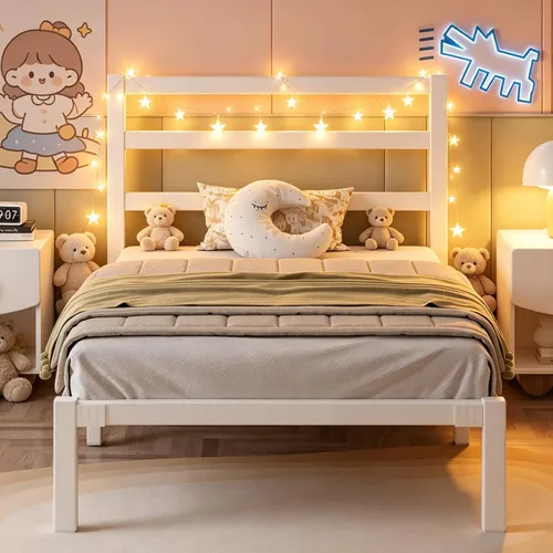 LOEWAY Base de cama de tamaño individual con cabecero y estribo, espacio de almacenamiento debajo de la cama de 12 pulgadas, marco de cama de Blanco