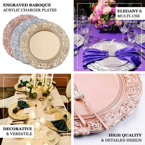 Miniatura 4 de Efavormart juego de 6 platos de plástico redondos de 35.56 cm, negro/dorado con diseño barroco grabado en el borde para eventos de boda y fiesta