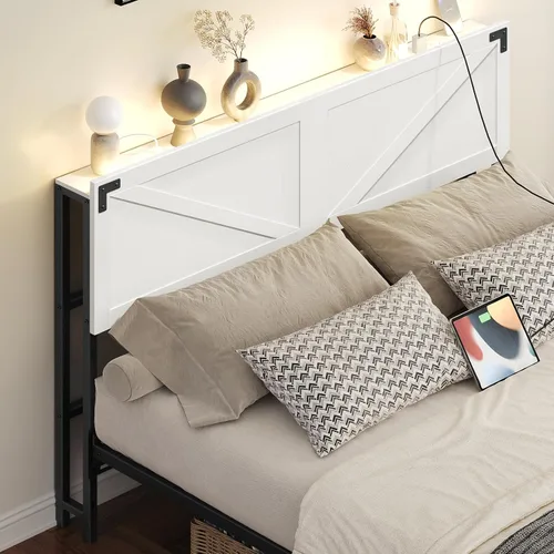 MAHANCRIS Cabecera Solo Tamaño Queen, Cabecera con 2 Tomacorrientes y 4 Puertos USB, Cabecera Estilo Granja, con Luces LED, Almacenamiento Seguro