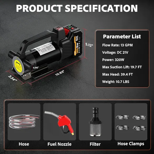 Miniatura 7 de TaskStar Bomba de transferencia de combustible con batería, bomba eléctrica de 13 GPM con batería de 21V 4.0Ah y cargador, bomba inalámbrica