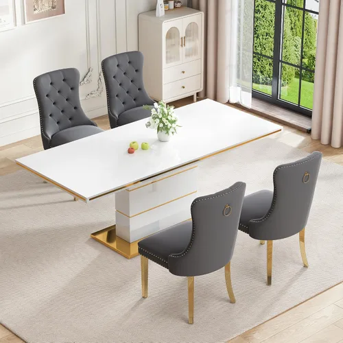 Miniatura 10 de Mesa de comedor moderna negra para 6 personas, mesa de cocina rectangular de 63 pulgadas con acabado lacado dorado y base de pedestal de acero