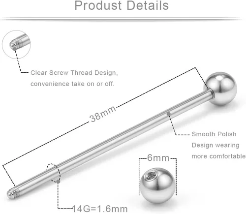 Miniatura 15 de Ruifan Piercings de 14 g de acero inoxidable Industrial Barbell para cartílago de la oreja joyería1 1/2 pulgadas (38 mm)