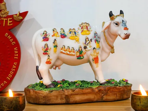 Miniatura 6 de Estatua de vaca de Dios indio que cumple con los deseos, 8.7 pulgadas de largo, figura de ídolo indio Kamadhenu, decoración para hombre indio
