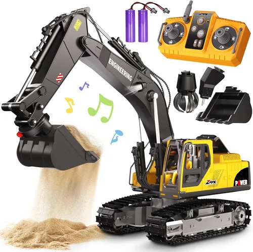 GraceDuck Excavadora de juguete a control remoto para niños, 3 en 1, juguete de excavadora RC con cubo de aleación, rompedor de rocas y garras,