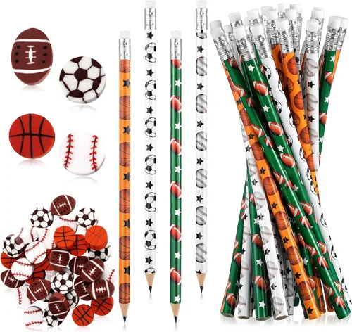 Tinlade 72 piezas de lápices deportivos y borradores para niños, lápices de madera divertidos para niños, tema deportivo, regalos para cumpleaños,