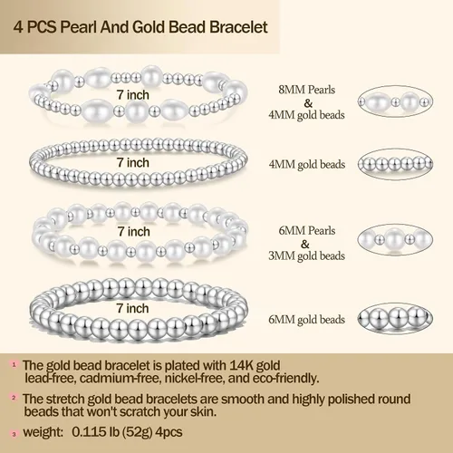 Miniatura 2 de Pulseras de cuentas de oro para mujer, perlas barrocas apilables, chapadas en oro de 14 quilates, pulsera de bolas elásticas para regalo de joyería