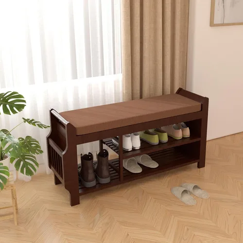 Miniatura 2 de NURTUDIS Banco de zapatos, taburete de bambú para almacenamiento de zapatos con cojín extraíble, estante organizador de almacenamiento de zapatos