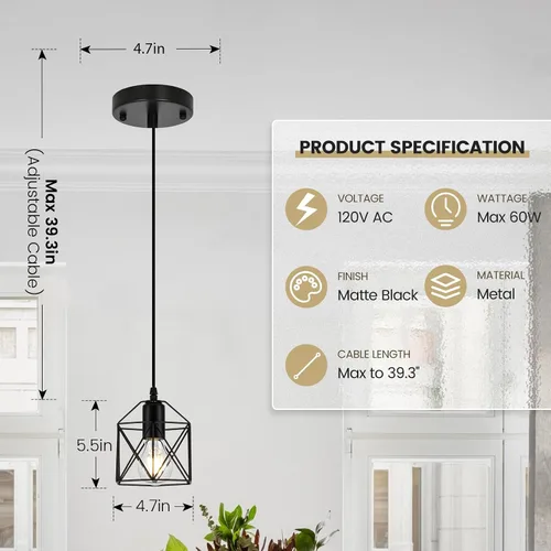 Miniatura 2 de Lámpara colgante de 1 luz, luces colgantes negras, isla de cocina, iluminación colgante de granja con dormitorio, comedor, base E26, bombillas no 1