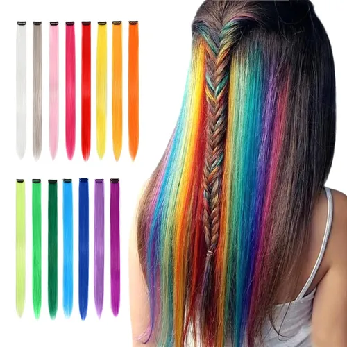 Miniatura 10 de 13 extensiones de cabello sintético con clip de colores de 20 pulgadas, multicolores, lacio, con clip, para mujer, para regalo, extensiones