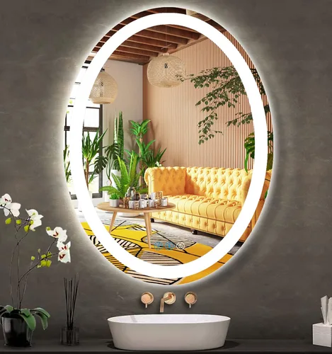 Miniatura 10 de Espejo de baño ovalado LED de 32 x 24 pulgadas con luces, memoria inteligente, 3 colores regulables, luz frontal, antiniebla, inastillable, vidrio