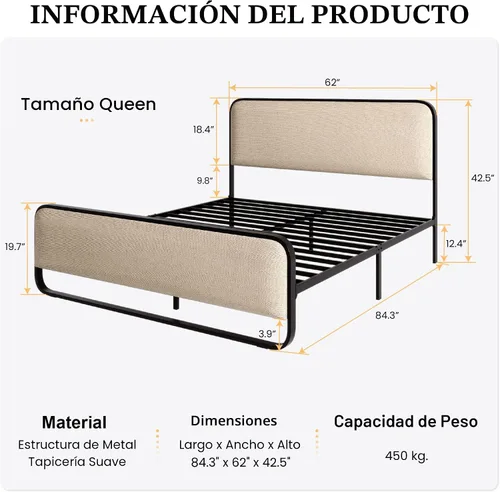 Miniatura 5 de SHA CERLIN Estructura de cama de plataforma de tamaño queen de metal con cabecero y pie de cama tapizados curvos, amplio espacio de almacenamiento