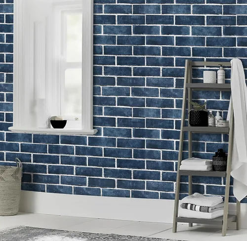 Miniatura 6 de HeloHo Papel tapiz de ladrillo azul marino de 196.8"X17.7" despegar y pegar autoadhesivo removible ladrillo 3D texturizado papel de pared