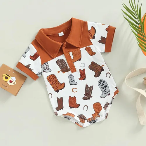 Miniatura 2 de Mameluco de manga corta con solapa y estampado de botas para recién nacidos, estilo polo, estilo casual, ropa de verano