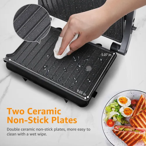 Miniatura 5 de Panini - Parrilla de prensa, sandwichera Aigostar de 1000 W con placas antiadherentes de cerámica, abre 180 grados para cualquier tamaño de Negro