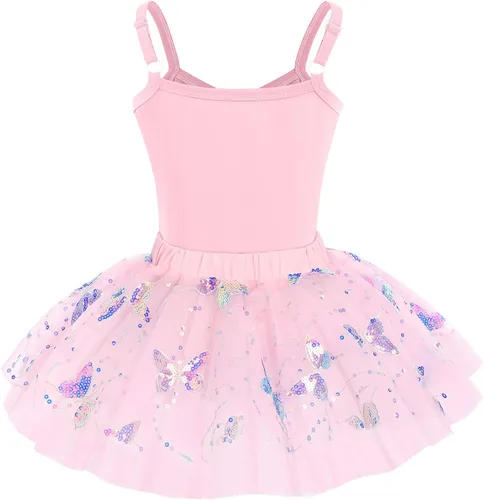 Miniatura 2 de AFAVOM Camisola de lentejuelas de mariposa para niñas, vestido de ballet con volantes, falda tutú con purpurina, leotardo, disfraz de bailarina