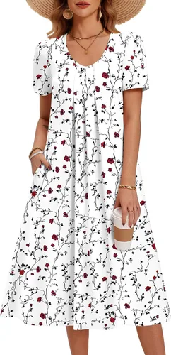 Miniatura 28 de Zeagoo Vestido de verano para mujer, casual, floral, midi, con bolsillos, cuello en V, plisado, manga corta, estilo alineado, para vacaciones