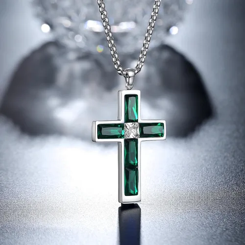 Miniatura 49 de Collar de cruz para hombre, piedras preciosas de color piedra natal de circonita cúbica, collar de acero inoxidable para hombre, cadena de 24