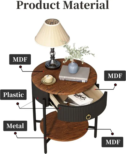 Miniatura 5 de OIOG Mesa auxiliar moderna con cajón, mesa de noche industrial de 2 niveles con estante, mesita de noche de grano de madera con almacenamiento