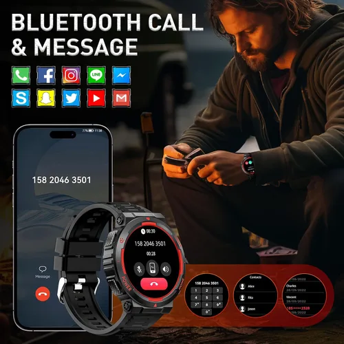 Miniatura 4 de Relojes inteligentes militares para hombres (respuesta/hacer llamadas) con linterna LED 3ATM resistente al agua reloj inteligente con más de 100