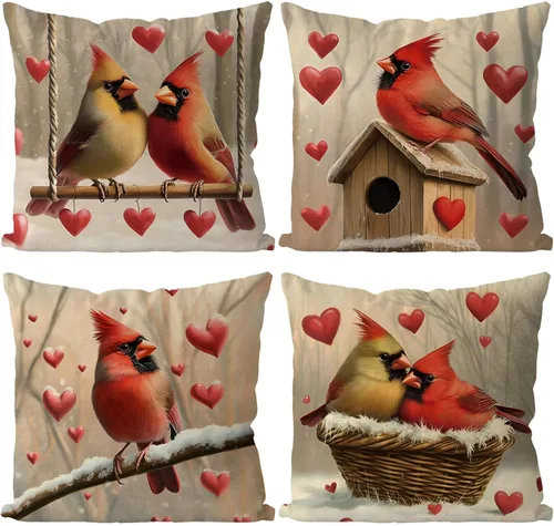 Juego de 4 fundas de almohada para el día de San Valentín de 18 x 18 pulgadas, juego de 4 fundas de almohada cardenales, decoración de casa de