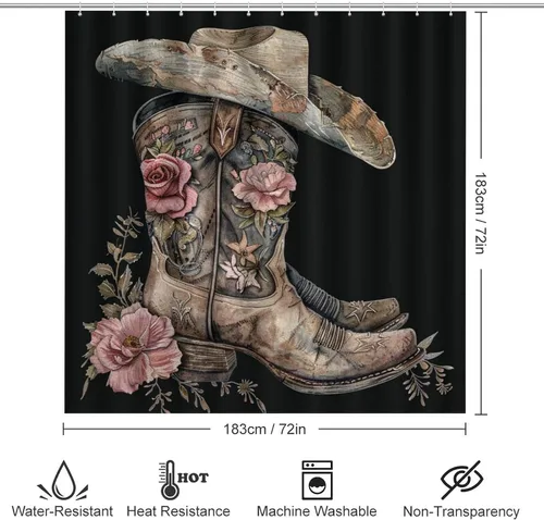 Miniatura 2 de Juego de 4 cortinas de ducha con gorro de bota con alfombras, cubierta para tapa de inodoro y tapete de baño, diseño de vaquero occidental