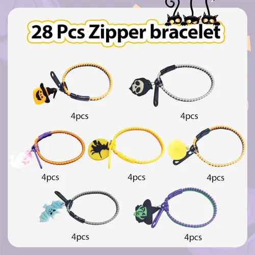 Miniatura 5 de OuMuaMua Pulseras con cremallera para fiestas de Halloween para niños, paquete de 28 pulseras con cremallera que brillan en la oscuridad