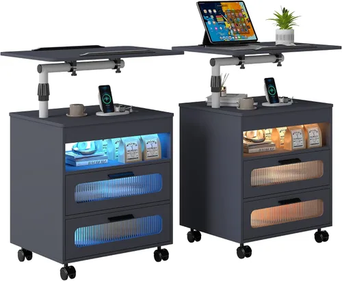 Miniatura 16 de WOOVIVS - Mesita de noche con estación de carga, mesa auxiliar con luces LED, mesa auxiliar inteligente con mesa giratoria ajustable/cajón