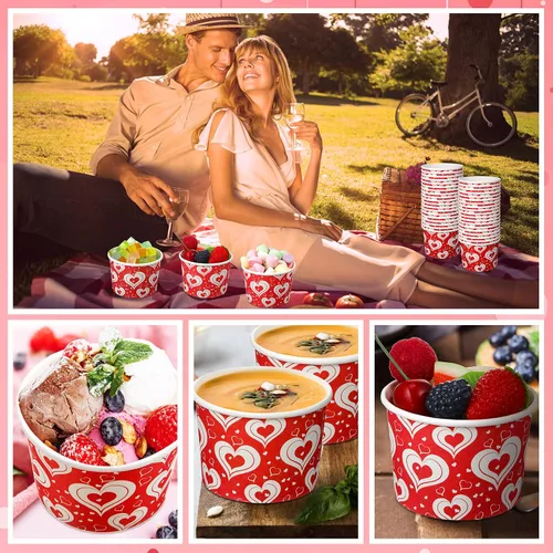 Miniatura 7 de Shellwei Paquete de 50 tazas de helado de 9 onzas para el día de San Valentín, cuencos de postre desechables con corazón, cuencos de papel