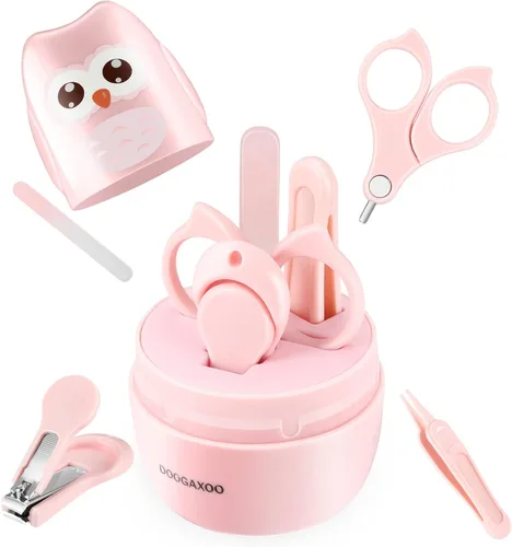 Cortauñas para bebé, kit de uñas seguro 4 en 1 con bonito estuche, cortaúñas, tijeras, pinzas, juego de lima de uñas para recién nacidos, bebés, Rosa