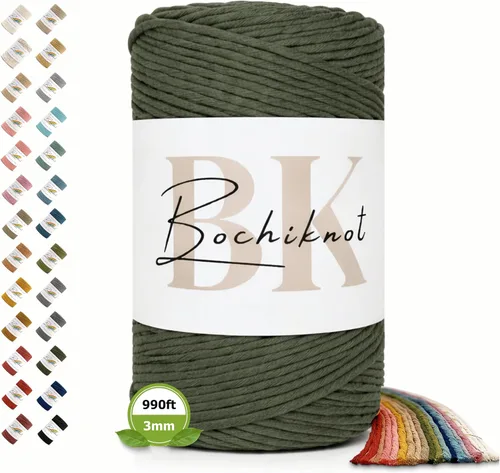 BOCHIKNOT Cordón de macramé de 3 mm x 302 m - Cordón de macramé de hebra única para colgantes de pared, perchas de plantas - Cordón de macramé de 3