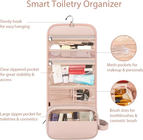 Miniatura 2 de Fintie - Bolsa de viaje portátil para cosméticos y artículos de aseo, gran organizador colgante resistente al agua para maquillaje, estuche de Rosa